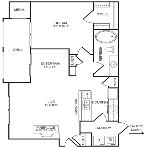 Floor plan for 1 bed, 1 bath, 798 sqft